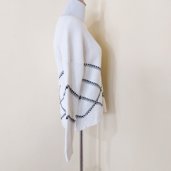 Vince White & Black Striped Cotton Long Sleeve Textured Knit Pull Over Sweater - Picture 8 of 13